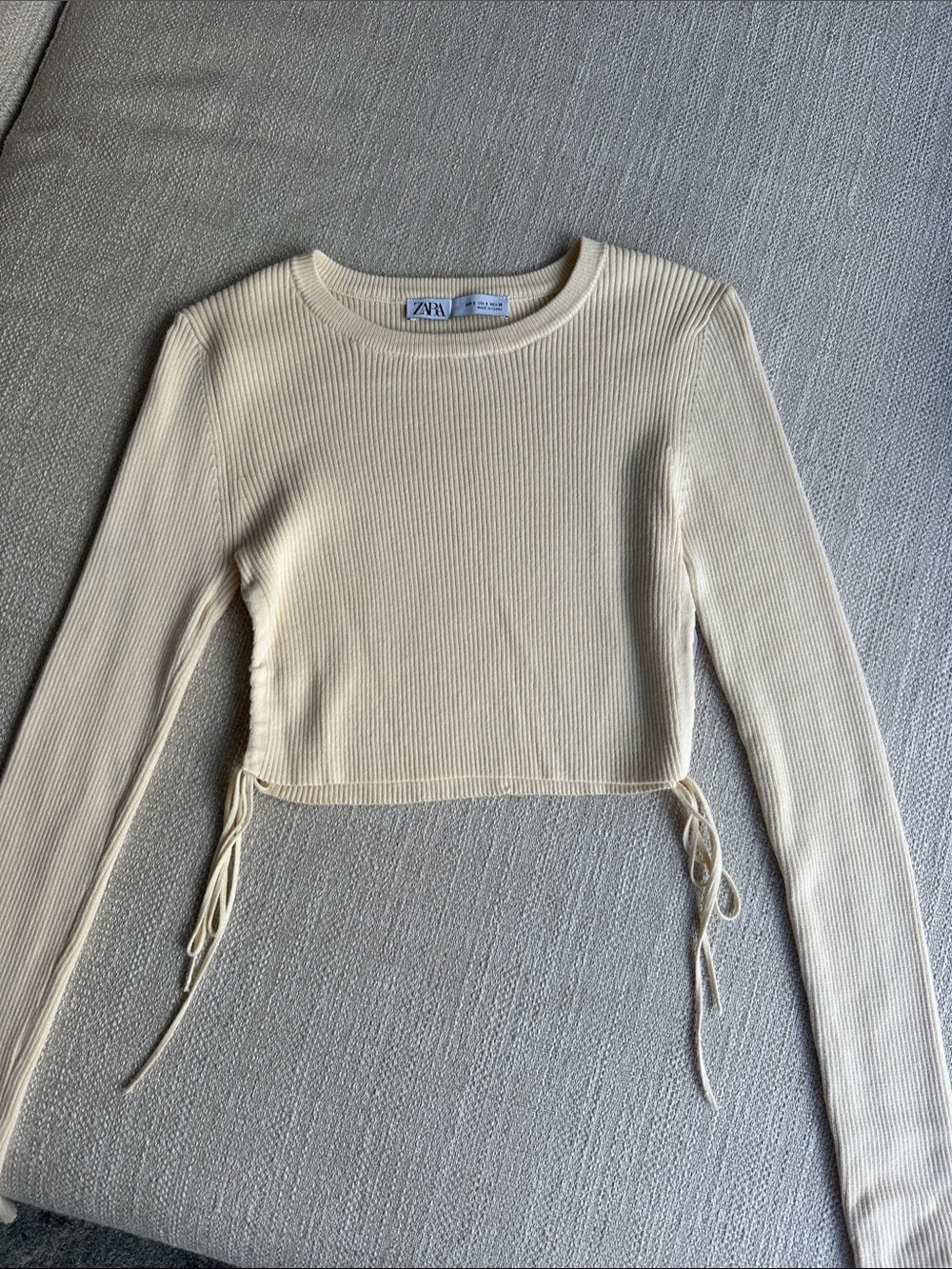 Zara Cream Ribbed Long-Sleeve Crop Top with Side Ties - Picture 1 of 1